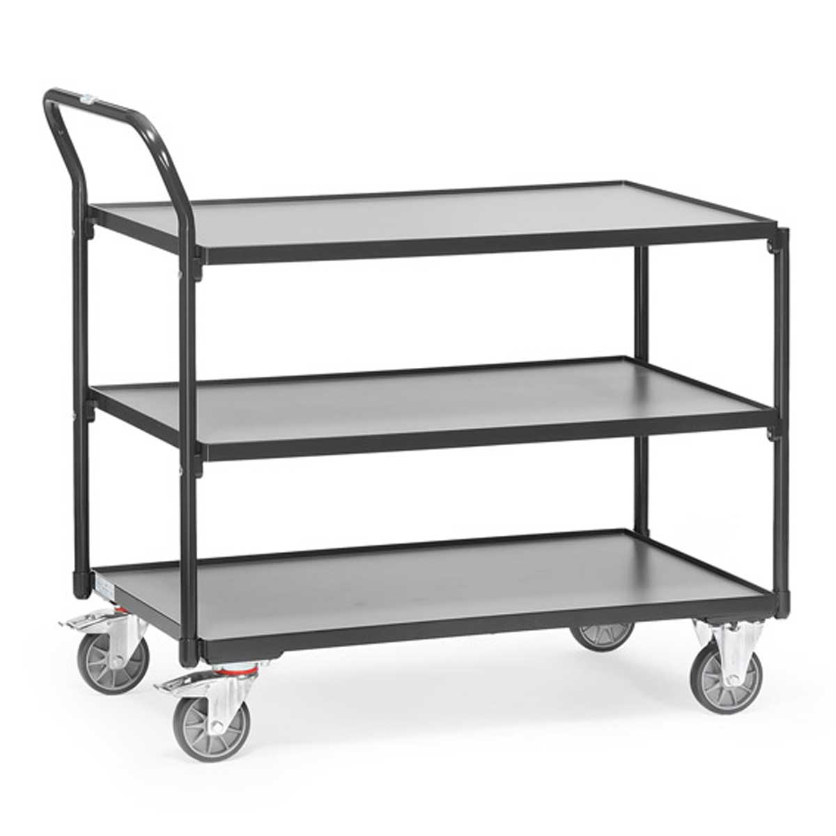 Tischwagen-3-Ebenen-2750_w Tischwagen mit 3 Ebenen, Griff hochstehend, RAL 7016