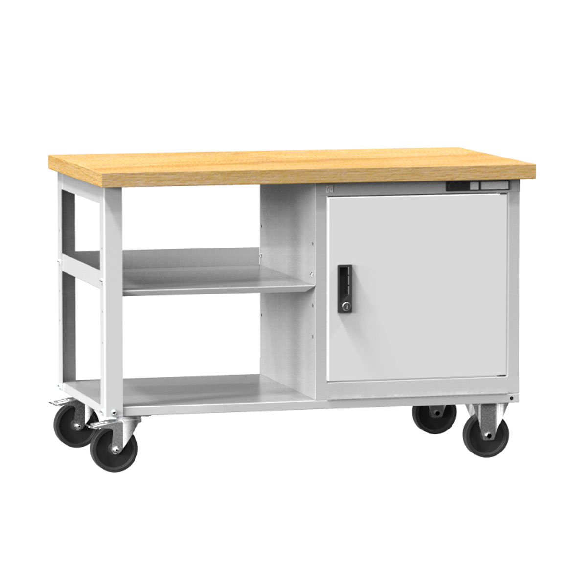 Werkbank-fahrbar-1-T-r-2-F-cher-RAL-7035 Mobile Werkbank mit 120x70 cm mit Buchenplatte