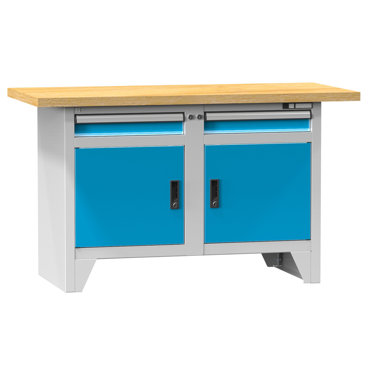 Kompaktwerkbank mit 2 Schubladen, 2 Türen und 2 Fachböden, Buchenplatte
